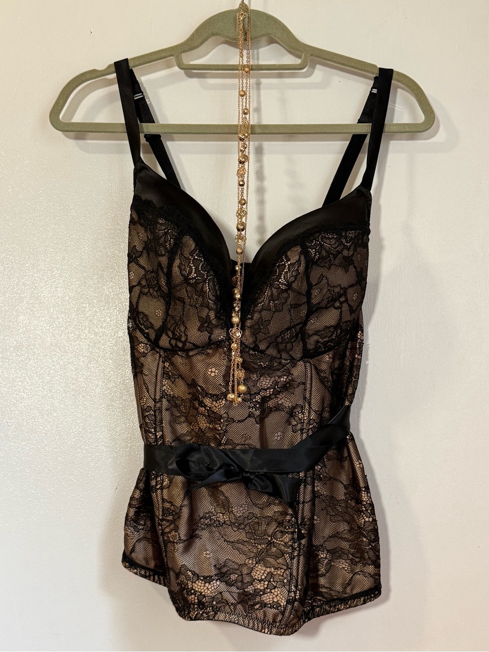 Cacique Black Lace Bustier Camisole with Satin Waist Tie